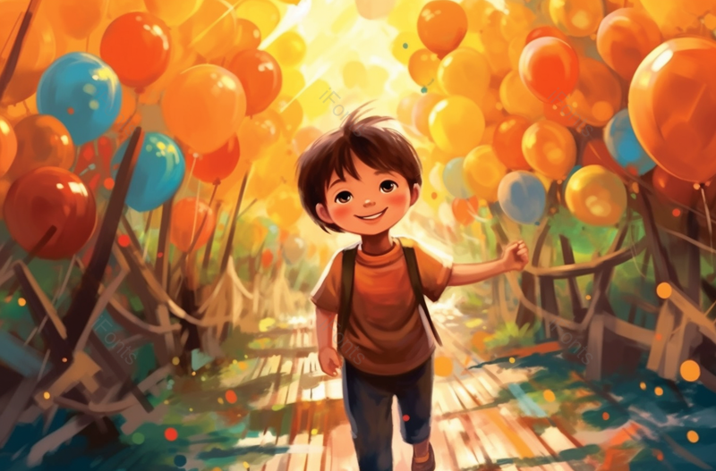 林间气球绑满两旁一个小孩子在气球世界中欢乐的过儿童节欢乐背景插画,插画/手绘图,插画/手绘图库,插画/手绘图下载,插画/手绘